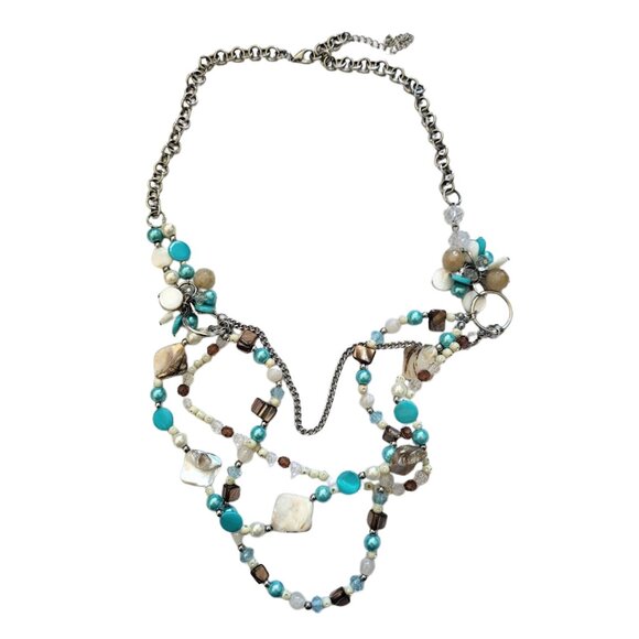 Mother Of Pearl Blue & White Beaded Oyster Shell Necklace 16" - Picture 7 of 10